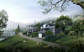 Familienhäuser , Straßen, Bäume, Berge, 3D-Design HD Hintergrundbilder