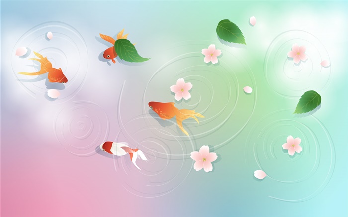 Wasser, Goldfisch , Blätter, Blumen, Vektor-Design Hintergrundbilder Bilder