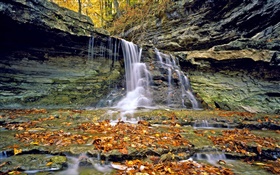 Wasserfälle , Felsen, rote Blätter, Herbst HD Hintergrundbilder