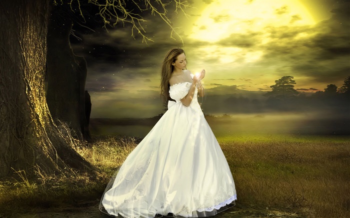 Weißes Kleid Fantasie Mädchen, Dämmerung, magische Hintergrundbilder Bilder