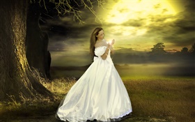 Weißes Kleid Fantasie Mädchen, Dämmerung, magische