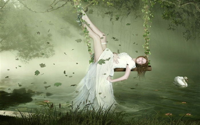 Weißes Kleid Fantasie Mädchen auf der Schaukel, Schwan liegen, See, Blätter Hintergrundbilder Bilder