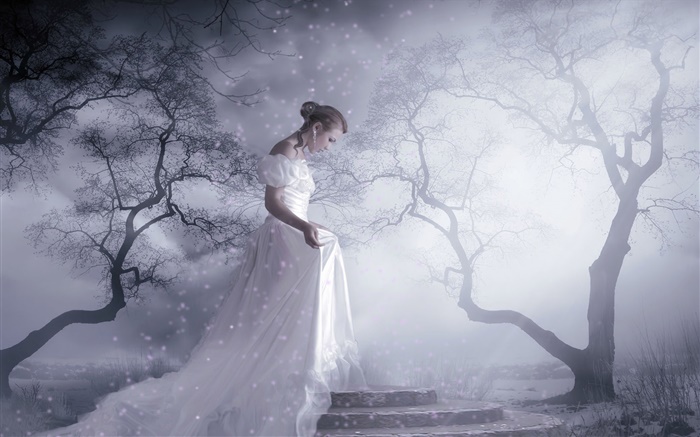 Weißes Kleid Fantasie Mädchen, Bäume, Schnee, Lichtstrahlen Hintergrundbilder Bilder