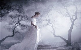 Weißes Kleid Fantasie Mädchen, Bäume, Schnee, Lichtstrahlen HD Hintergrundbilder