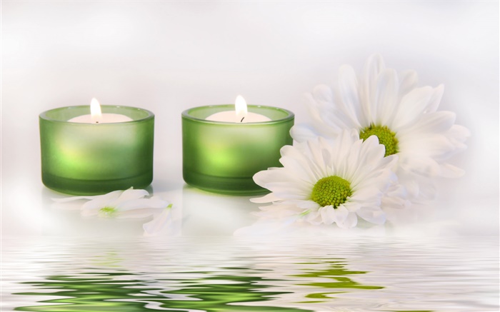 Weiße Blume, Kerze, Wasser, SPA Hintergrundbilder Bilder