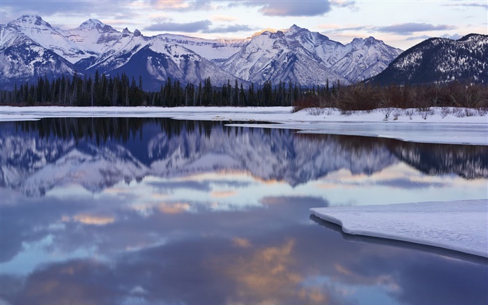 Winter, Schnee, Berge, Bäume, See, Wasser Reflexion Hintergrundbilder Bilder