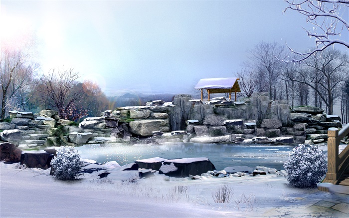 Winter, dicken Schnee, Steine, Bäume, Teich, 3D-Render-Bilder Hintergrundbilder Bilder