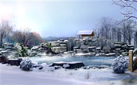 Winter, dicken Schnee, Steine, Bäume, Teich, 3D-Render-Bilder