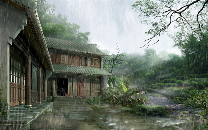 Holzhaus , schwere regen, Bäume, 3D-Render-Bilder Hintergrundbilder Bilder