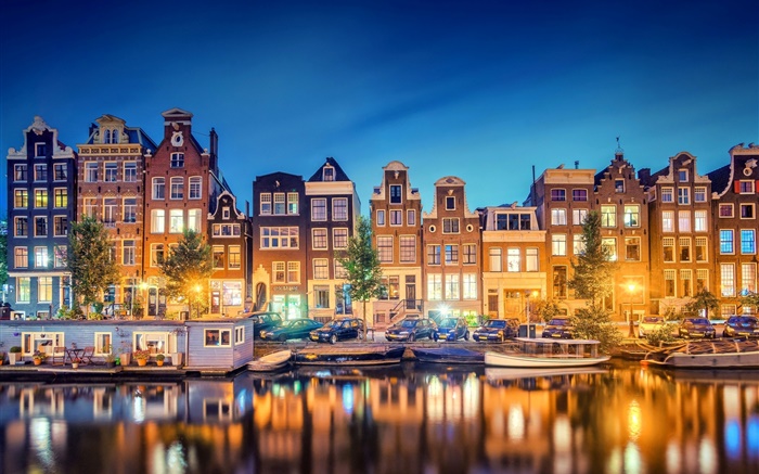 Amsterdam, Nederland, Stadt, Abend, Fluss, Häuser, Lichter Hintergrundbilder Bilder