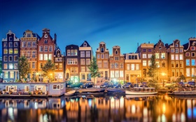 Amsterdam, Nederland, Stadt, Abend, Fluss, Häuser, Lichter HD Hintergrundbilder