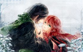Kunst anime, Liebhaber, rotes Haar Mädchen und kurze Haare Junge HD Hintergrundbilder