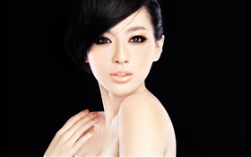 Asian Modell Mädchen, Gesicht, Augen, Hände, schwarzer Hintergrund HD Hintergrundbilder