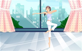 Asiatische junge Mädchen tanzen, Zimmer, Fenster, Vektor-Bilder HD Hintergrundbilder