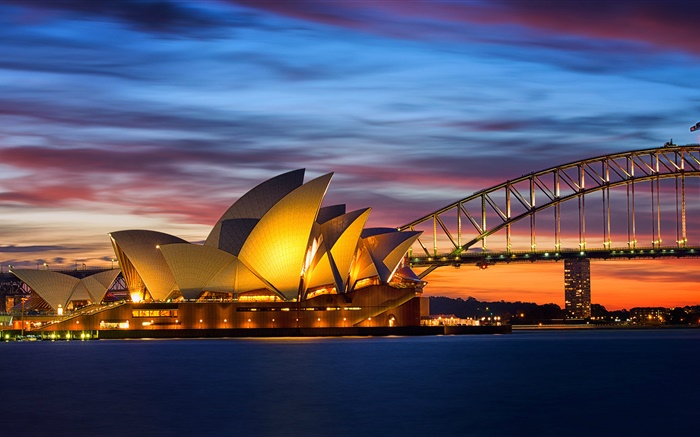 Australien, Sydney Opera House, Brücke, Abend, Lichter, Meer Hintergrundbilder Bilder