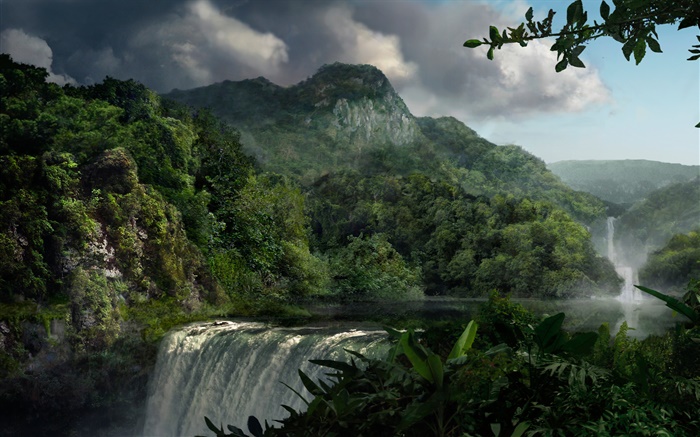 Schöne Landschaft, Wasserfälle , Berge, Pflanzen Hintergrundbilder Bilder