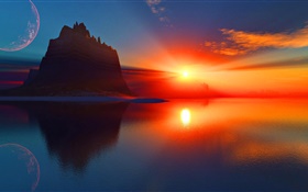 Schöner Sonnenuntergang, rot Himmel, Wolken, Sonnenstrahlen , Meer, Berge HD Hintergrundbilder