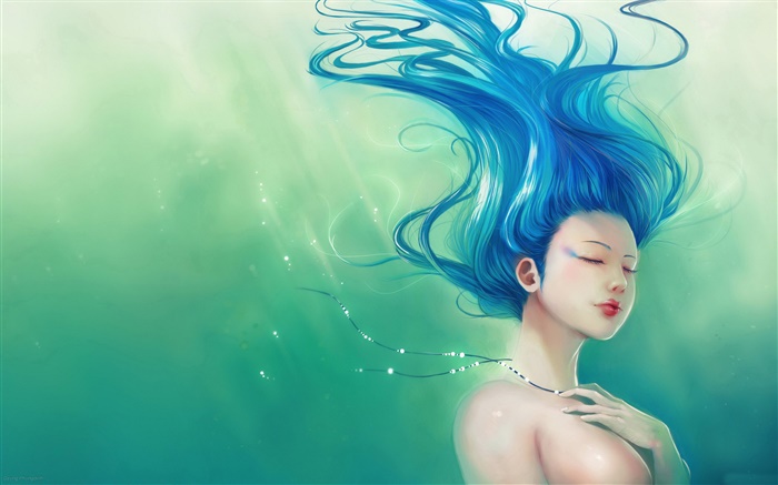Blauen Haaren Fantasie Mädchen, Haare fliegen Hintergrundbilder Bilder