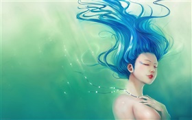 Blauen Haaren Fantasie Mädchen, Haare fliegen HD Hintergrundbilder