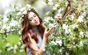 Braune Haare Mädchen, Apfelbaum , weiße Blüten blühen HD Hintergrundbilder