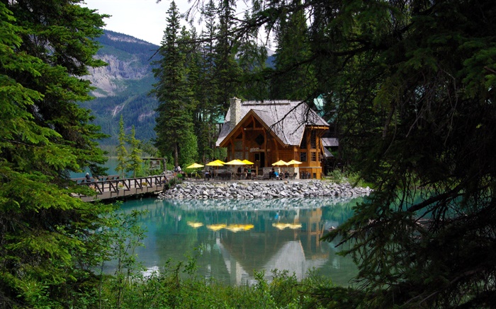 Kanada, Smaragd See, Yoho-Nationalpark , Wald, See, Haus Hintergrundbilder Bilder