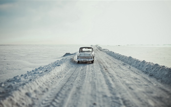 Auto, Straße, Schnee, Retro-Stil Hintergrundbilder Bilder