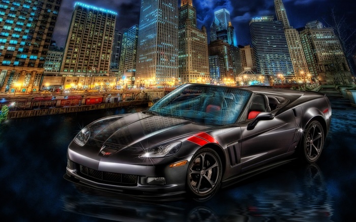 Chevrolet Corvette supercar, Stadt, Nacht, Wolkenkratzer Hintergrundbilder Bilder