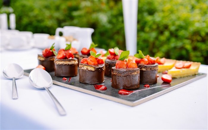 Schokoladen-Kuchen, Dessert, Erdbeere, Minze, Essen Hintergrundbilder Bilder