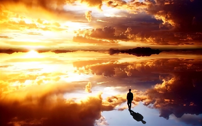 Wolken, Sonnenuntergang, Person, Reflexion Hintergrundbilder Bilder