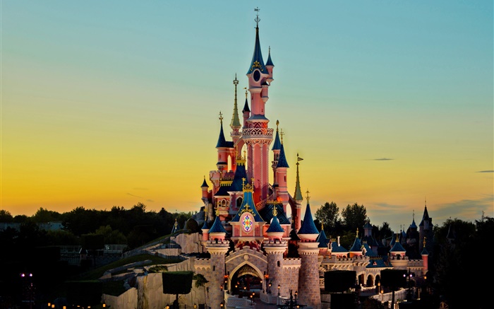 Disneyland , Schloss, Sonnenuntergang, Dämmerung Hintergrundbilder Bilder