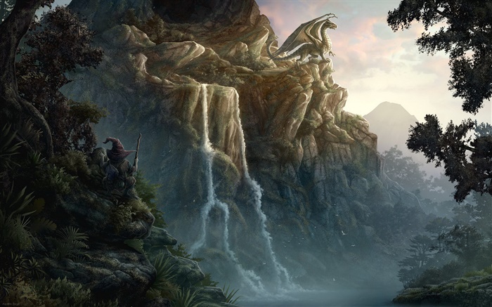 Drachen, Klippe, Wasserfall, kreatives Design Hintergrundbilder Bilder
