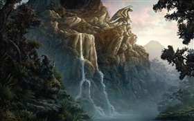 Drachen, Klippe, Wasserfall, kreatives Design HD Hintergrundbilder
