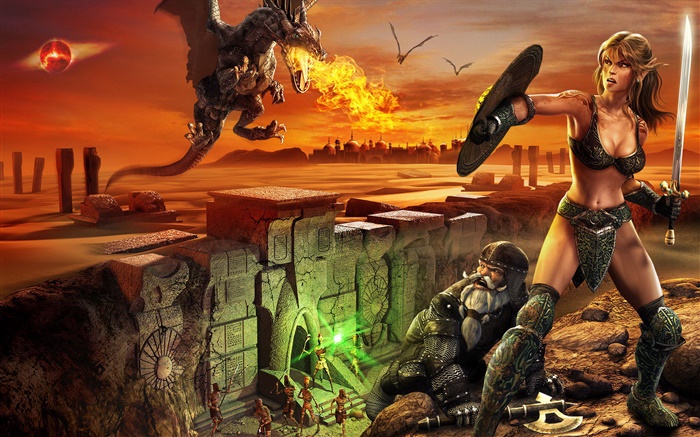 EverQuest®, Krieger Mädchen, Drachen, Feuer Hintergrundbilder Bilder