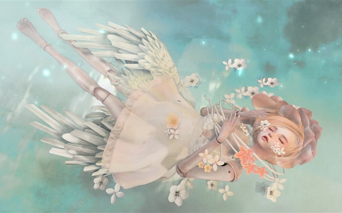 Fantasie Engel Mädchen, blond, Schlaf, Blumen Hintergrundbilder Bilder