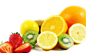 Früchte close-up, Orange, Zitrone, Kiwi, Erdbeeren HD Hintergrundbilder