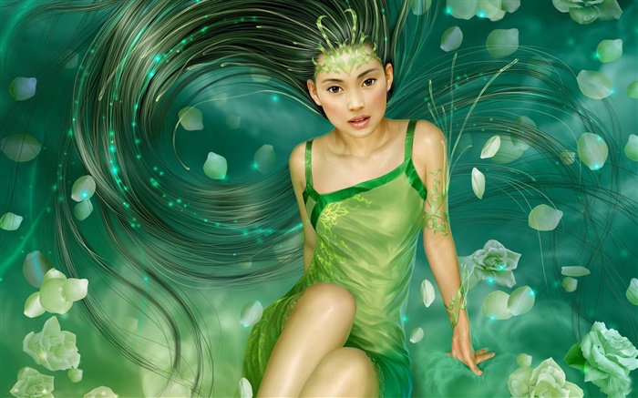 Grünes Kleid Fantasie Mädchen, lange Haare Hintergrundbilder Bilder