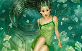 Grünes Kleid Fantasie Mädchen, lange Haare HD Hintergrundbilder