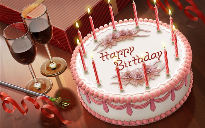 Alles Gute zum Geburtstag, Kuchen, Kerzen, Wein, Geschenk Hintergrundbilder Bilder
