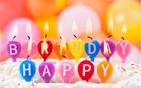 Alles Gute zum Geburtstag, bunte Kerzen, Feuer, Kuchen HD Hintergrundbilder