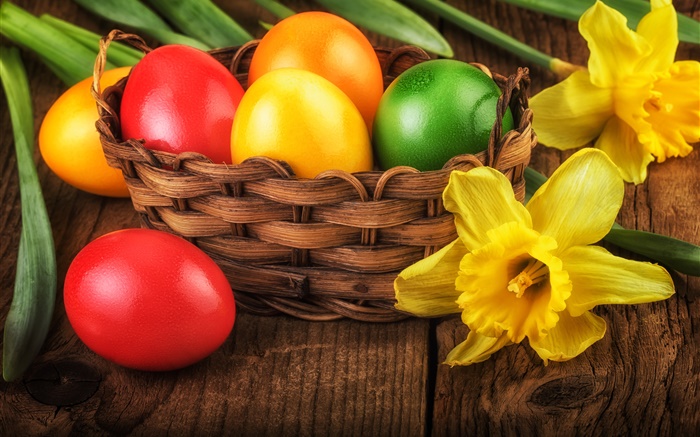 Frohe Ostern, bunte Eier, Dekoration, gelben Narzissen Hintergrundbilder Bilder