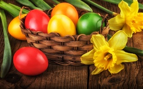 Frohe Ostern, bunte Eier, Dekoration, gelben Narzissen HD Hintergrundbilder