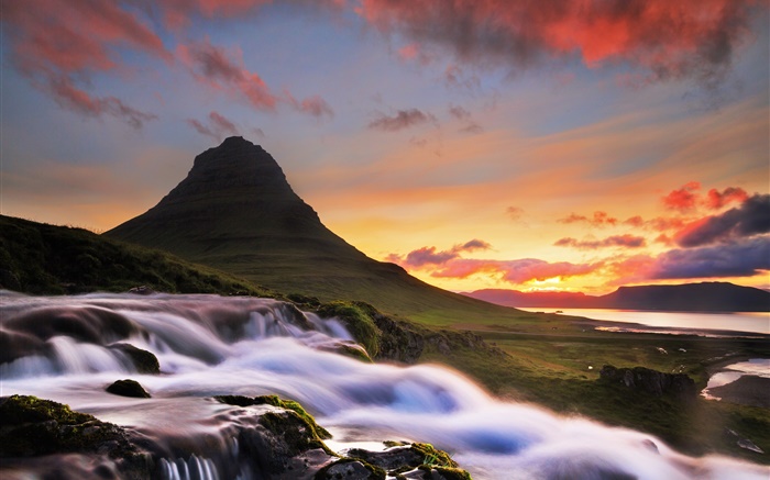 Island, Kirkjufell, Berg, Wasserfall, Morgen, Sonnenaufgang Hintergrundbilder Bilder