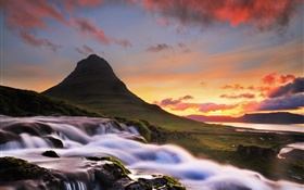 Island, Kirkjufell, Berg, Wasserfall, Morgen, Sonnenaufgang HD Hintergrundbilder