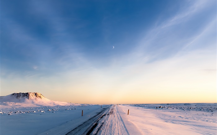 Island, Winter, Schnee, Straße, Morgen, Himmel Hintergrundbilder Bilder