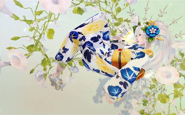 Japanisches Mädchen, weißes Haar, Kimono, Fantasie Hintergrundbilder Bilder