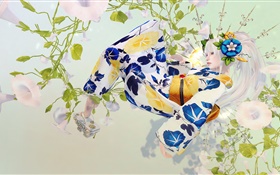 Japanisches Mädchen, weißes Haar, Kimono, Fantasie HD Hintergrundbilder