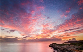 Ozean, Küste, Felsen, Sonnenuntergang, rot Himmel, schöne Landschaft HD Hintergrundbilder