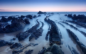 Ozean, Küste, Steine, Felsen, Dämmerung HD Hintergrundbilder