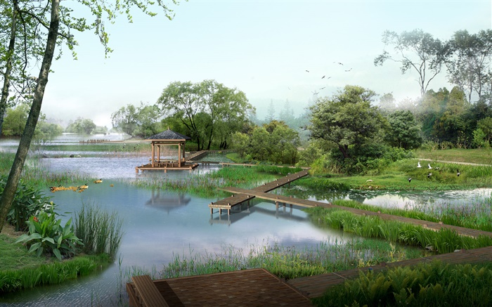 Blick auf den Park, See, Enten, Bäume, Pavillon, Gras, Vögel, 3D-Render-Bilder Hintergrundbilder Bilder