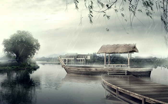 Pier, Boot, Fluss, Bäume, regnerischen Tag, 3D-Design Hintergrundbilder Bilder